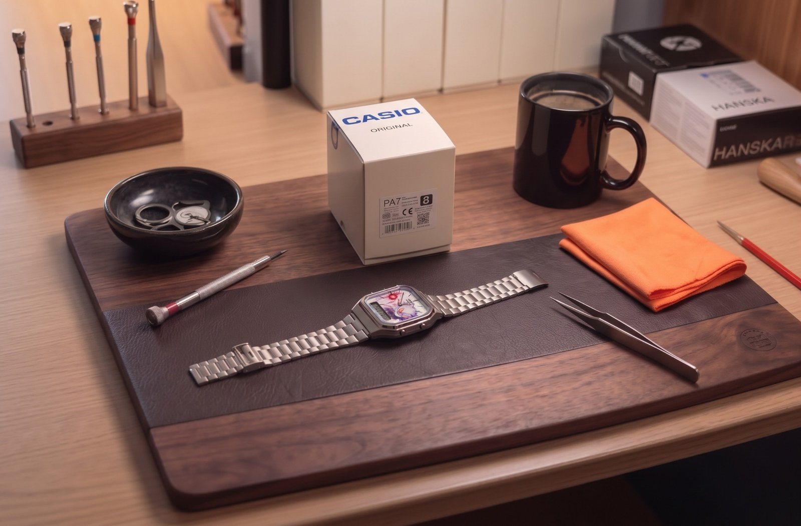 Banco de trabajo de Garage Watches: herramientas, caja original de Casio y un reloj modificado